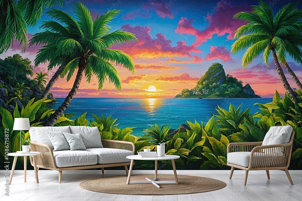 Fototapeta premium 3D Tropical Island Mural with Lush Greenery and Colorful Sunset
