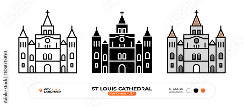 St Louis Cathedral Line Icon.  New Orleans USA, Silhouette, Color Symbol, Editable Stroke.