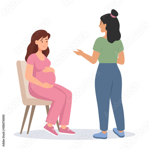 Psychological Support for Pregnant Woman. Coach or doula speaking of Maternity Issues with  Pregnant woman. Vector Illustration