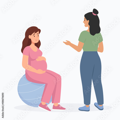 Psychological Support for Pregnant Woman. Coach or doula speaking of Maternity Issues with  Pregnant woman. Vector Illustration