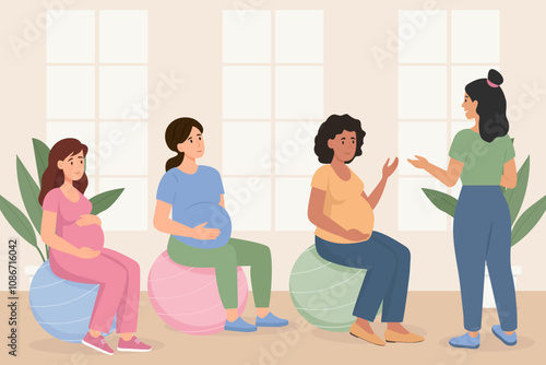 Pregnant women doing exercises on fitness ball with  trainer. Pregnancy courses for new mothers,healthy happy motherhood social concept.Vector Illustration