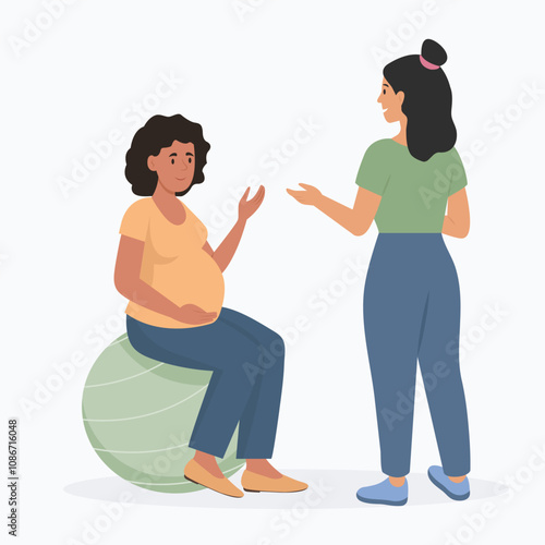 Psychological Support for Pregnant Woman. Coach or doula speaking of Maternity Issues with  Pregnant woman. Vector Illustration