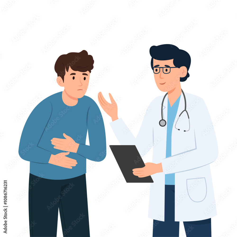 Doctor talking to patient with stomach ache. Physician consults patient, diagnoses, prescribes. Medicine, healthcare and people concept. Vector Illustration Doctor talking to patient with stomach ache. Physician consults patient, diagnoses, prescribes. Medicine, healthcare and people concept. Vector Illustration