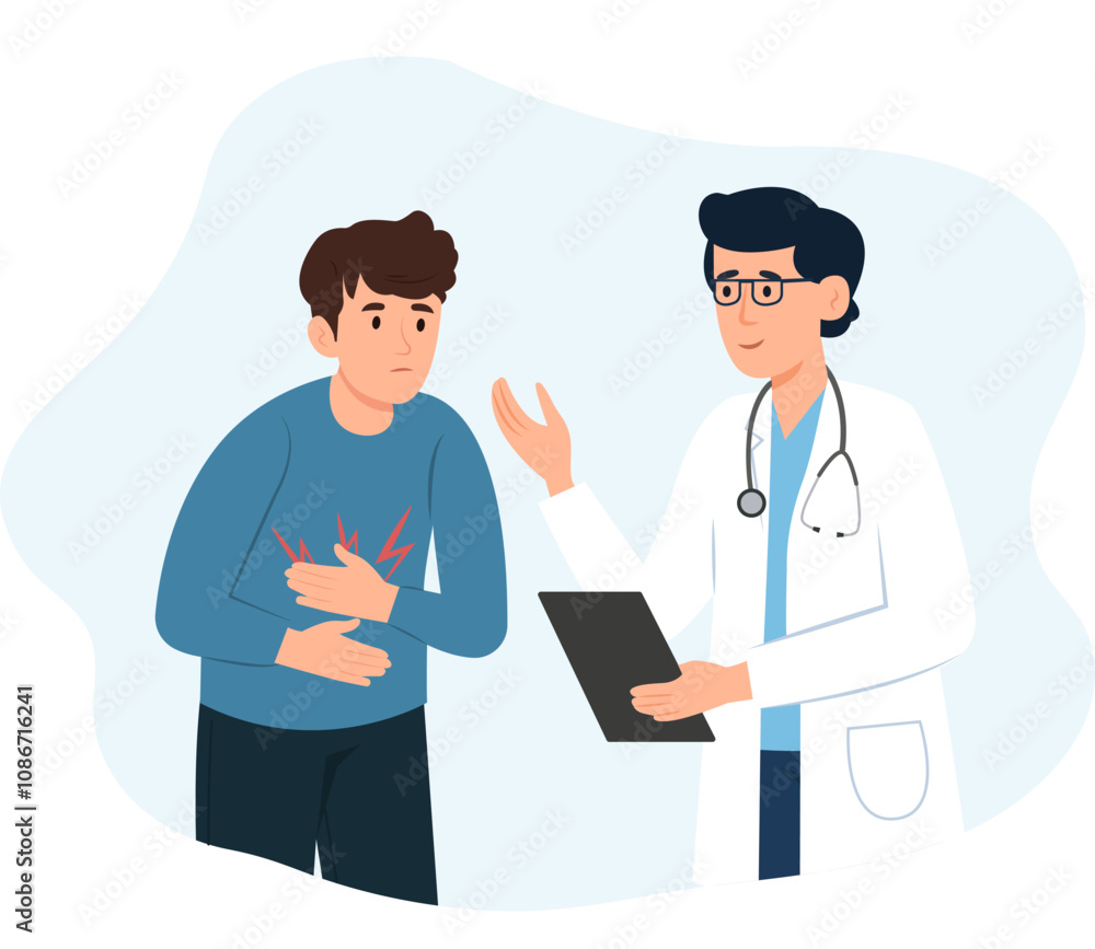 Doctor talking to patient with stomach ache.A problem with the intestines, stomach or a bolt in the abdomen. Physician consults patient, diagnoses, prescribes. Vector Illustration Doctor talking to patient with stomach ache.A problem with the intestines, stomach or a bolt in the abdomen. Physician consults patient, diagnoses, prescribes. Vector Illustration