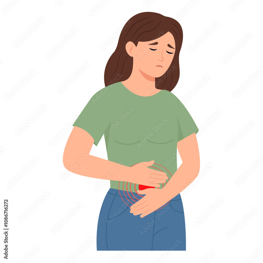 Woman suffering abdominal pain. Appendicitis, painful menstruation,endometriosis. Vector Illustration Woman suffering abdominal pain. Appendicitis, painful menstruation,endometriosis. Vector Illustration