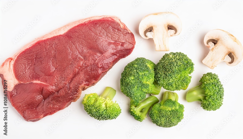 Raw beef steak with broccoli and mushrooms on white background Raw beef steak with broccoli and mushrooms on white background