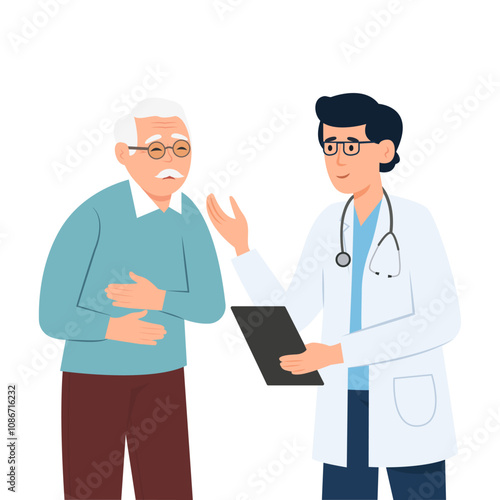 Doctor talking to old patient with stomach ache. Physician consults senior man , diagnoses, prescribes. Medicine, healthcare and people concept. Vector Illustration