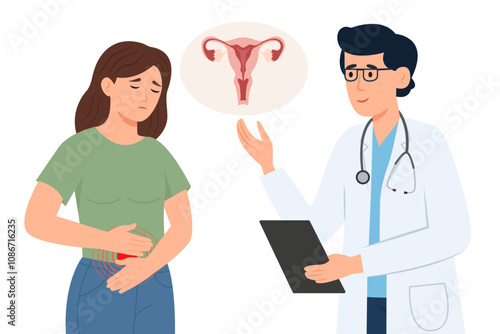 A doctor is talking to a patient. A woman is standing and suffering from menstrual pain in her stomach.Endometriosis, endometrium dysfunctionality. Month of Awareness About Endometriosis.