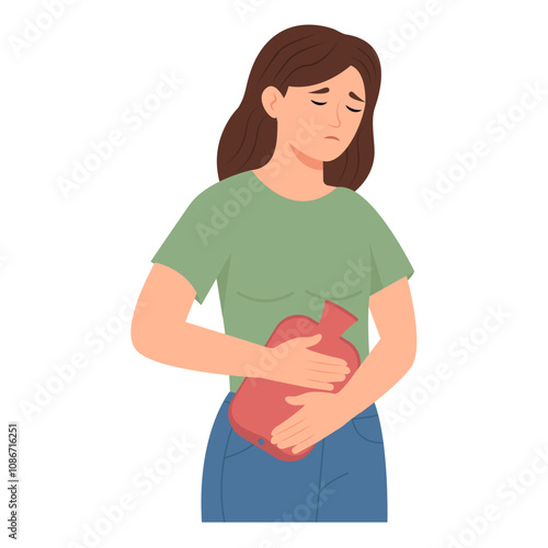 Woman feeling severe pain in the lower abdomen. Woman holds rubber warmer with water.Bladder disease. Pain during menstruation, cystitis, urethritis,endometriosis.Vector Illustration