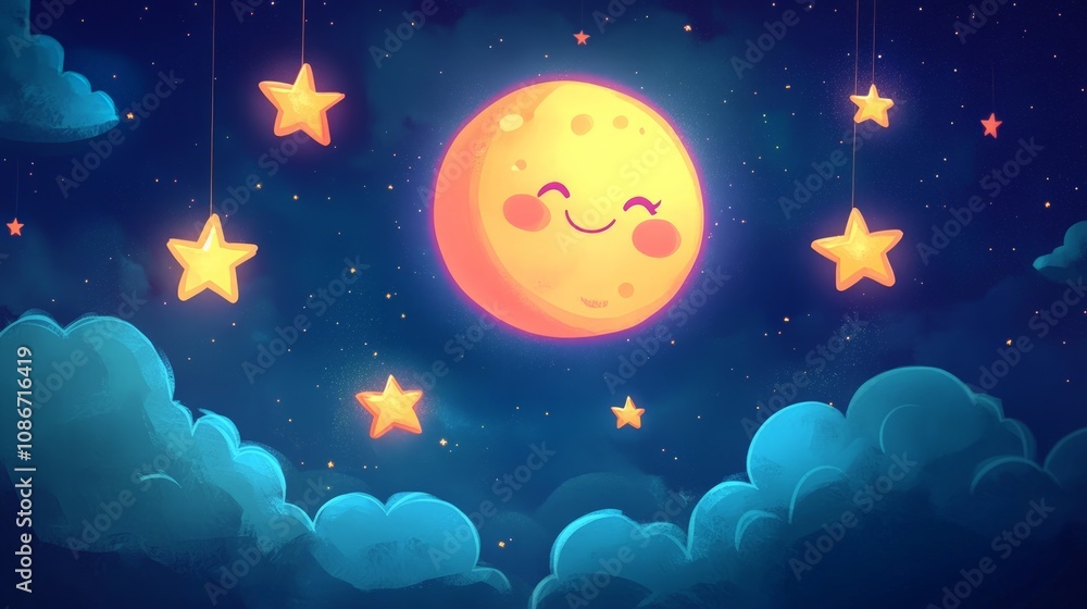 Playful moon and stars in a dreamy night sky digital art whimsical environment bright colors cheerful concept Playful moon and stars in a dreamy night sky digital art whimsical environment bright colors cheerful concept