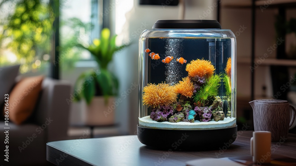 A vibrant aquarium with colorful fish and aquatic plants in a cozy living space. A vibrant aquarium with colorful fish and aquatic plants in a cozy living space.