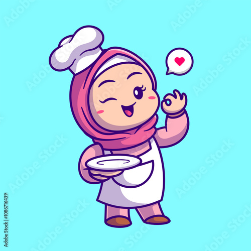 Cute Chef Girl Hijab Holding Plate Cartoon Vector Icon 
Illustration. People Food Icon Concept Isolated Premium 
Vector. Flat Cartoon Style 