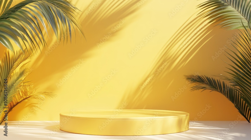 A vibrant yellow backdrop with palm leaves casting shadows over a round platform, creating a tropical and uplifting atmosphere. A vibrant yellow backdrop with palm leaves casting shadows over a round platform, creating a tropical and uplifting atmosphere.