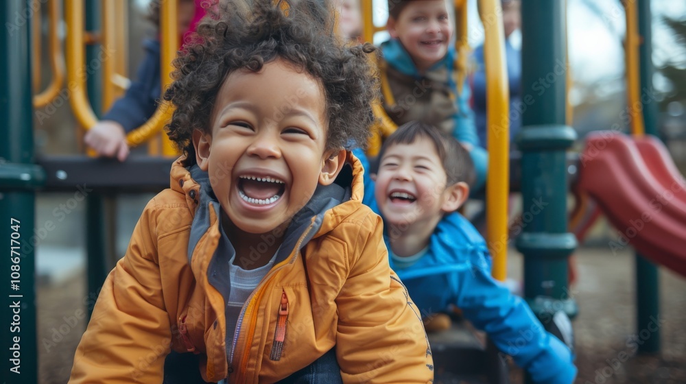A group of children playing and laughing on a playground, enjoying the freedom and joy of childhood A group of children playing and laughing on a playground, enjoying the freedom and joy of childhood
