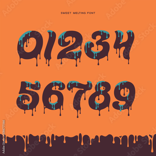 Vector set of digits with viscous liquid dripping effect. Smooth font with melting two colored shape.