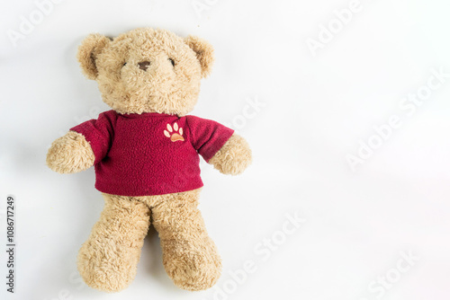 A teddy bear wearing a red shirt lies on a white background