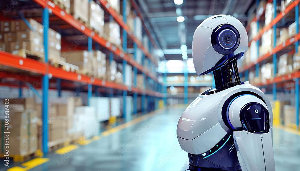 Humanoid robot in the warehouse of an online store in the foreground, in the background a modern warehouse with shelves and goods in boxes. Humanoid robot in the warehouse of an online store in the foreground, in the background a modern warehouse with shelves and goods in boxes.