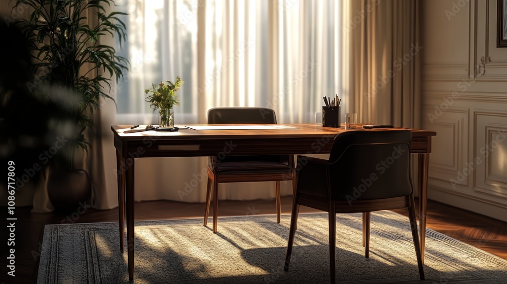 A serene office space with a wooden desk, chairs, and natural light filtering through curtains. A serene office space with a wooden desk, chairs, and natural light filtering through curtains.