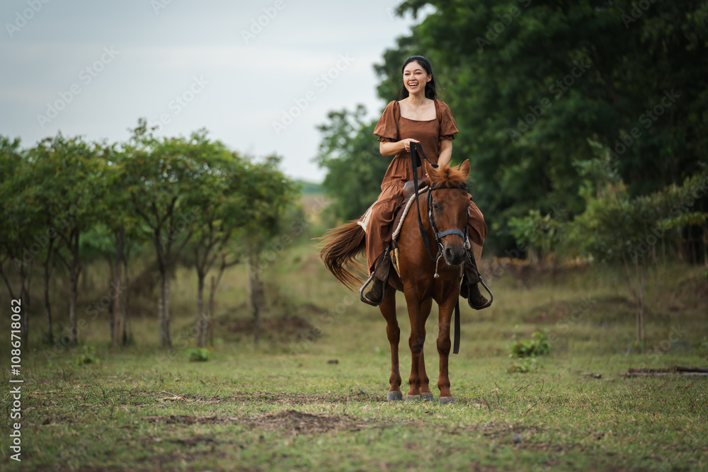 happy woman riding horse on meadow field happy woman riding horse on meadow field