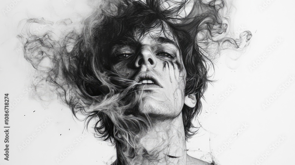 Fototapeta premium Man Emerging from Smoke in a Charcoal Sketch