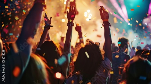 A group of friends at a music festival, dancing and enjoying live performances