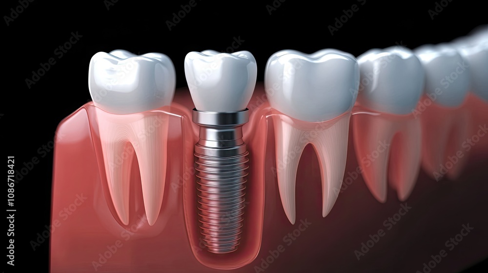 Dental implant model showcasing an artificial tooth integrated with natural teeth. Detailed representation of oral health. Dental implant model showcasing an artificial tooth integrated with natural teeth. Detailed representation of oral health.