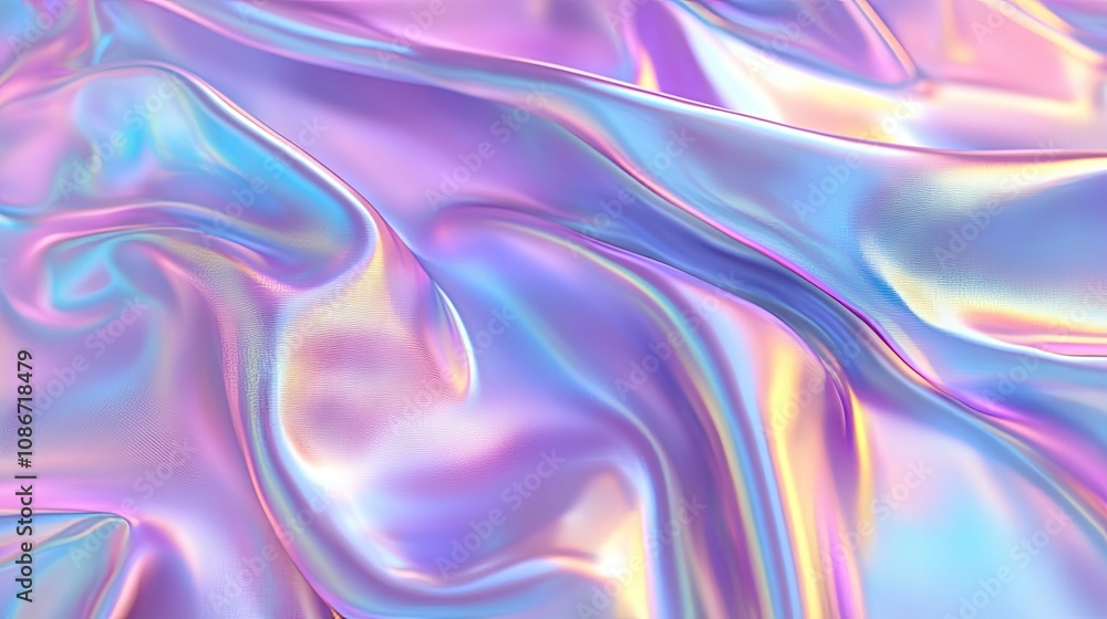 An iridescent fabric drapes gracefully, showcasing a blend of soft pastel colors in smooth, flowing waves. An iridescent fabric drapes gracefully, showcasing a blend of soft pastel colors in smooth, flowing waves.
