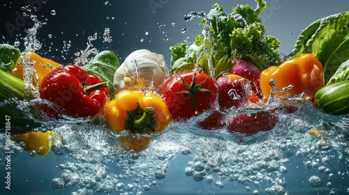 A colorful splash of fresh vegetables, including bell peppers, lettuce, and cucumbers, creating dynamic water splashes.