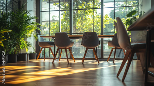 Office with chairs and glass window 