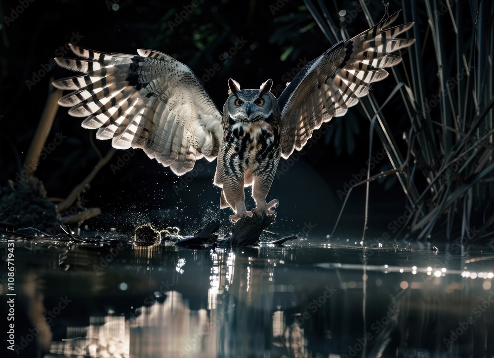 Fototapeta premium Majestic Owl in Flight Over Water
