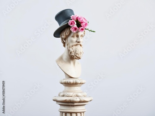 Ancient Greek-style male figurine perched atop a pedestal with a delicate bouquet of carnations tucked into a worn fedora hat, vintage, art decor, elegance