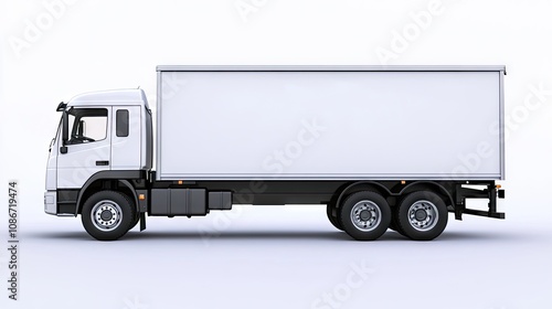 A side view of a white delivery truck, showcasing its spacious cargo area and robust build.