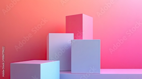 A modern minimalist arrangement of geometric shapes in pastel colors against a gradient background.