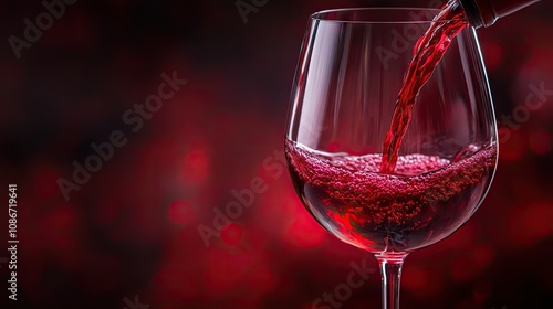 A close-up of red wine being poured into a crystal glass, highlighting rich colors and bubbles.