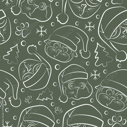 seamless christmas pattern with different cats in santa claus hats drawn in line art style on green background photo