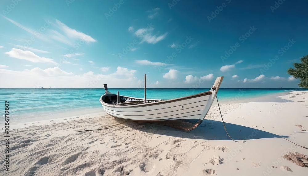 Canoe on the tropical sandy beach. Beautiful summer landscape of tropical island with boat in ocean. Transition of sandy beach into turquoise water. Travel and vacation concept. Canoe on the tropical sandy beach. Beautiful summer landscape of tropical island with boat in ocean. Transition of sandy beach into turquoise water. Travel and vacation concept.