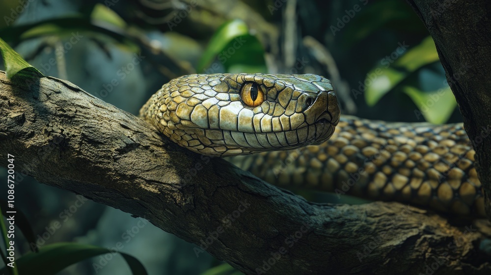 A close-up of a yellow-eyed snake resting on a tree branch amidst lush green foliage. A close-up of a yellow-eyed snake resting on a tree branch amidst lush green foliage.