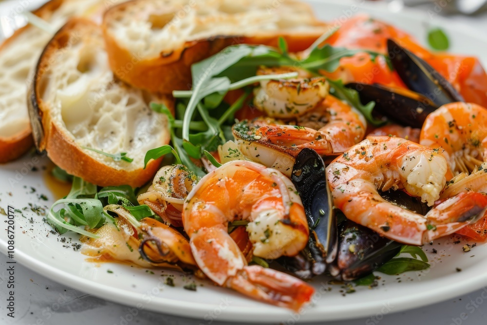 Seafood with Garlic Baguette, Toasted Bread, Cooked Prawns, Shrimps, Mussels and Salmon Fillet Seafood with Garlic Baguette, Toasted Bread, Cooked Prawns, Shrimps, Mussels and Salmon Fillet