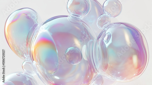 Abstract translucent iridescent and pearlescent glass bubbles against a white background, hyper-realistic high-resolution style, showcasing exquisite texture and light refraction.