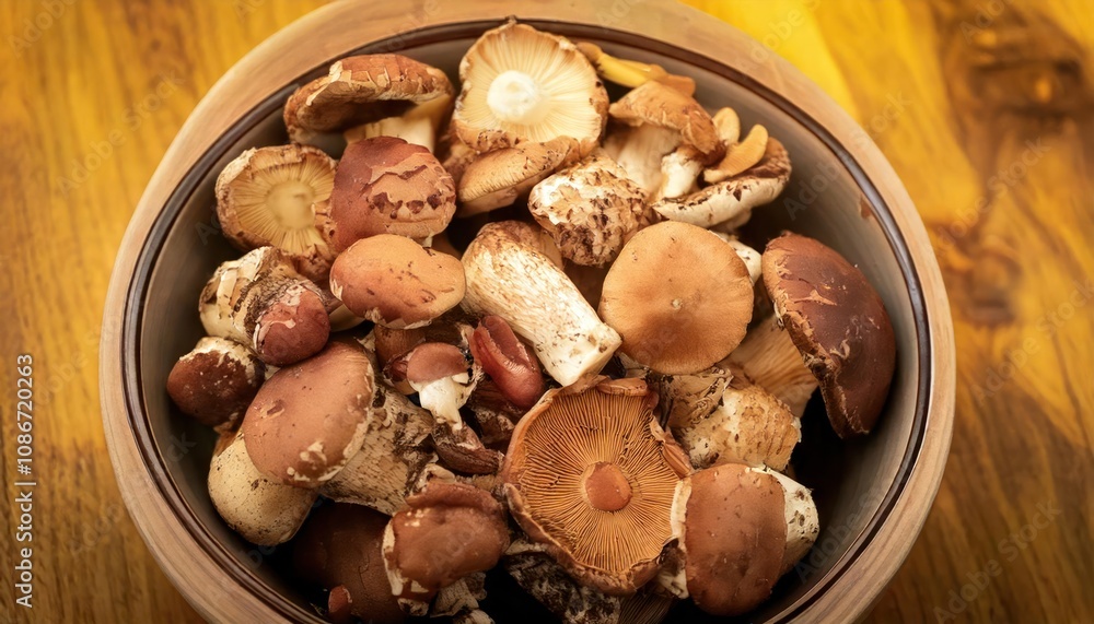 Bowl of wild mushrooms growing in a woodland area. Fresh and organic, these edible fungi Bowl of wild mushrooms growing in a woodland area. Fresh and organic, these edible fungi