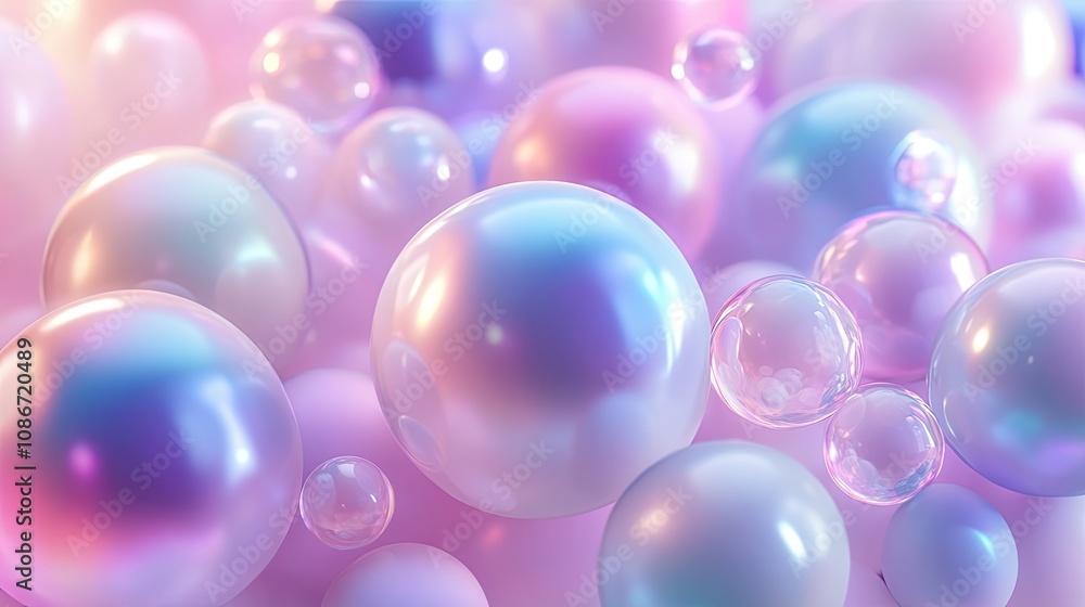 Fototapeta premium Colorful iridescent bubbles floating in a soft pastel background, creating a dreamy and whimsical atmosphere.