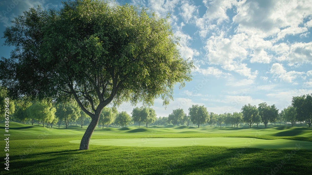 Obraz premium A serene golf course scene with lush green grass, gentle rolling hills, and scattered trees under a bright blue sky.