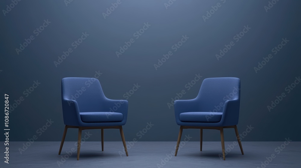 Fototapeta premium Two stylish blue chairs facing each other against a dark wall, creating a modern and inviting atmosphere.