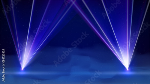 Laser light show. Bright led laser beams, dj light party. Template. Illuminated blue stage, smoke, led strobe lights. Stage lighting effect. Background, backdrop for displaying products. Vector