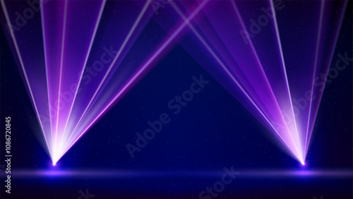 Laser light show. Bright led laser beams, dj light party. Template. Illuminated blue pink stage, led strobe lights. Stage lighting effect. Background, backdrop for displaying products. Vector