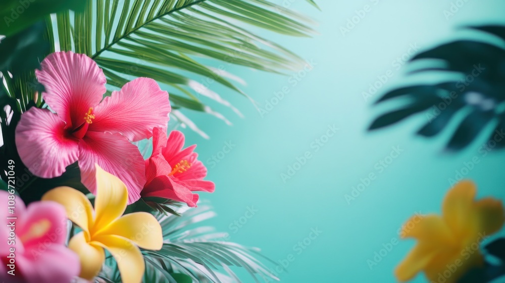 Vibrant tropical flowers and leaves against a soft blue background. Vibrant tropical flowers and leaves against a soft blue background.
