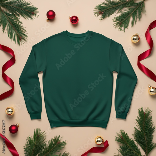 Blank green sweatshirt mockup for Christmas with on light background with holiday decorations. Minimal sweatshirt front design template