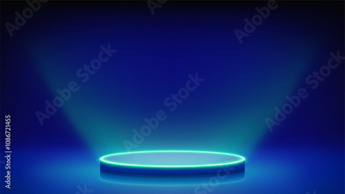 Futuristic blue stage with glowing podium. Blue room, round neon pedestal podium illuminating the advertised product from below. Background for displaying products, presentation. Backdrop. Vector