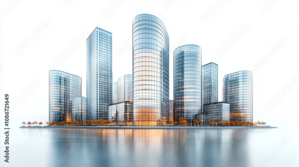 Modern skyscrapers of a smart city, futuristic financial district, graphic perspective of buildings and reflections - Architectural blue background for corporate and business brochure template Modern skyscrapers of a smart city, futuristic financial district, graphic perspective of buildings and reflections - Architectural blue background for corporate and business brochure template