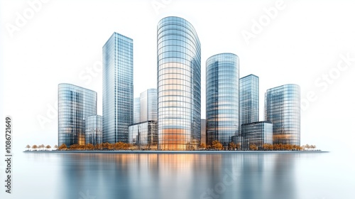 Modern skyscrapers of a smart city, futuristic financial district, graphic perspective of buildings and reflections - Architectural blue background for corporate and business brochure template